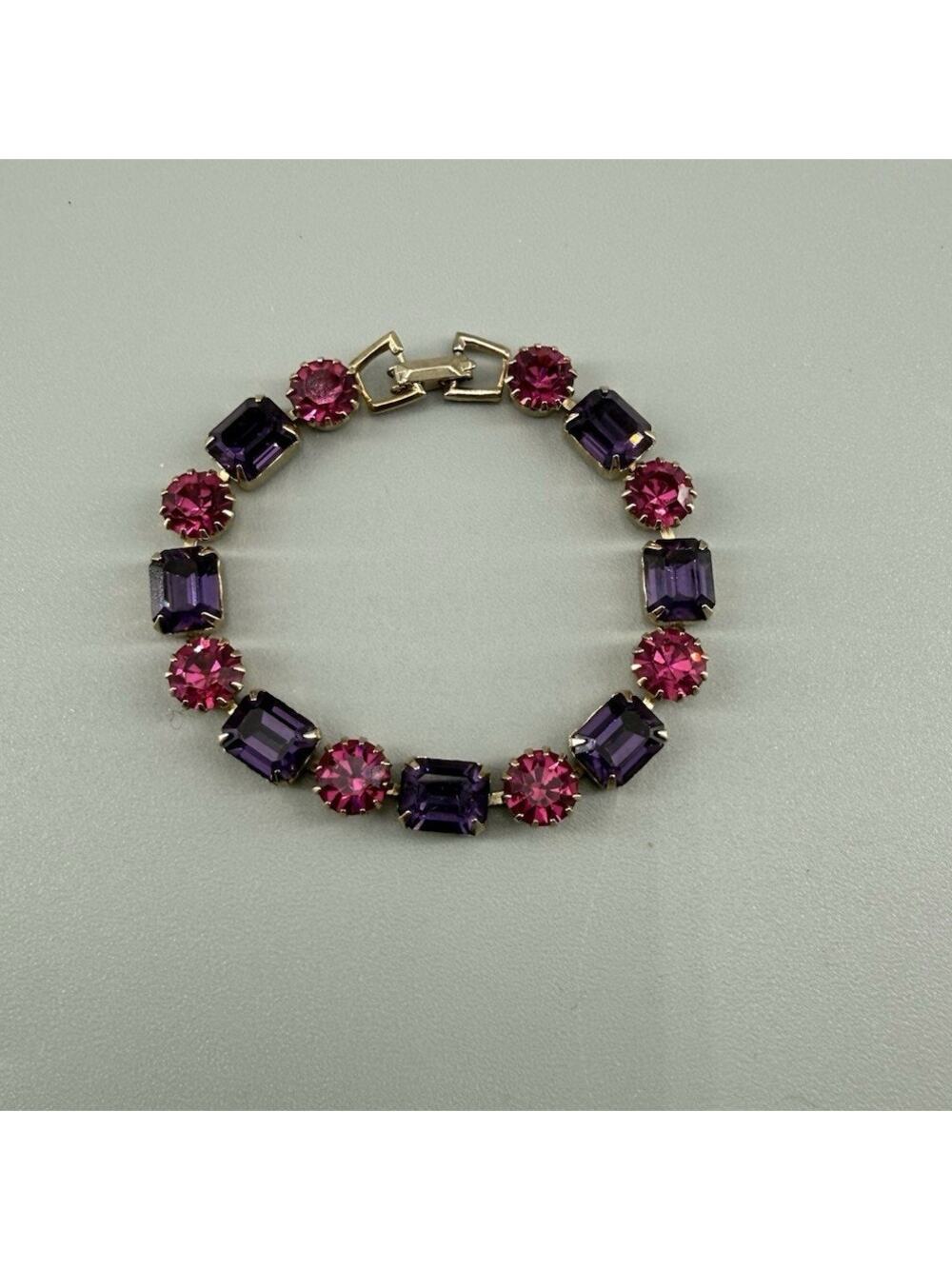 Vintage Weiss Rhinestone Bracelet Emerald & Round Cut Purple & Pink Rhinestone